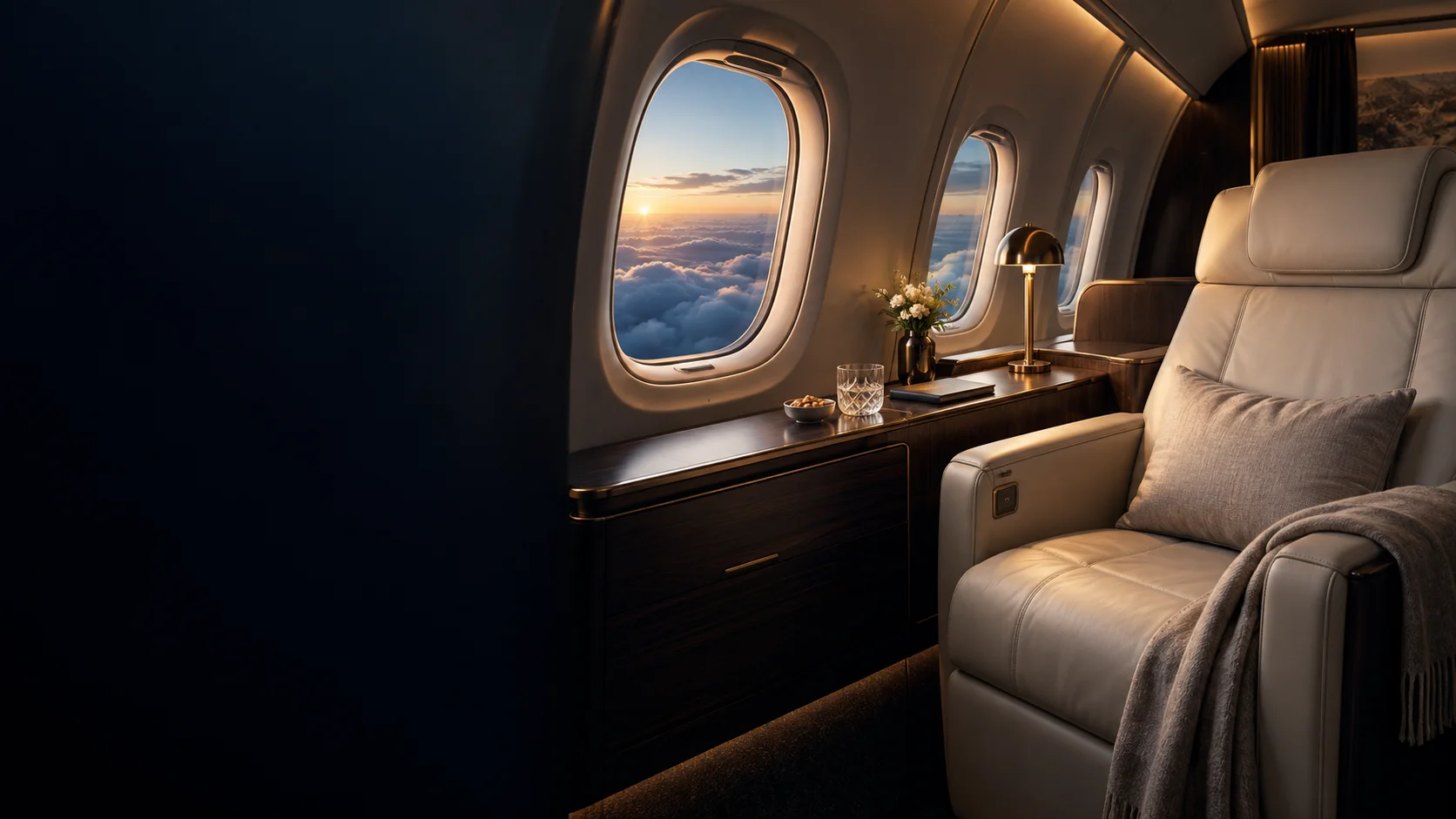 First Class airline cabin with private suites on a long-haul flight